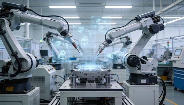 Dual Robotic Welding Arms Assembling Electronic Panel with Holographic CAD Overlay