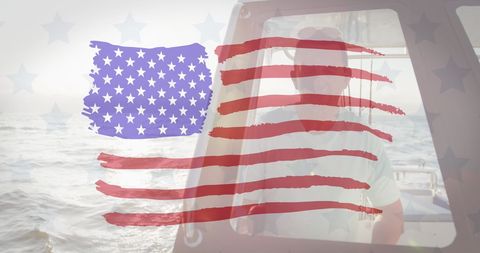 American Flag Overlay on Man in Boat for Independence Celebration