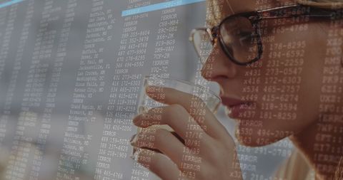 Data Analysis with Woman Drinking Coffee in Office