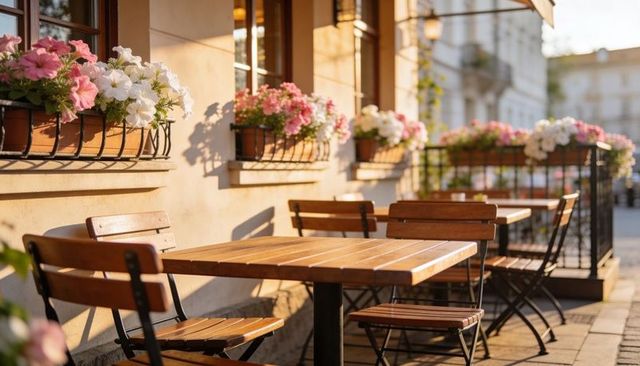 Sunlit european street cafe terrace with wooden tables and pink window flowers