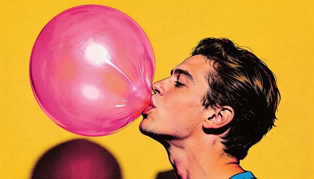 Young man blowing giant pink bubble gum on bold yellow pop art halftone portrait