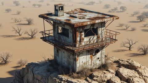 Rustic desert lookout tower on rocky outcrop after the apocalypse
