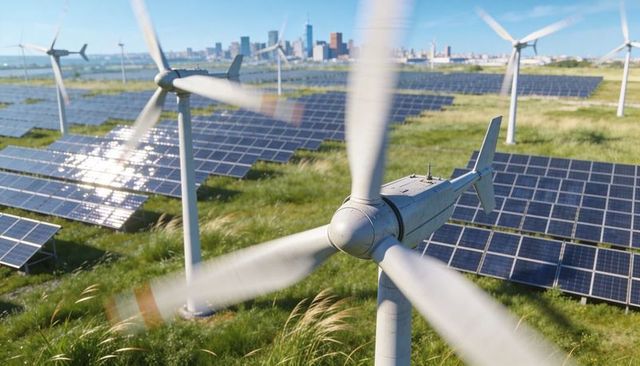 Spinning wind turbine nacelle and rotor over solar panel field with distant city skyline