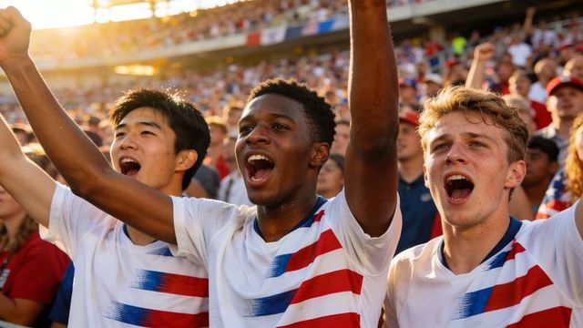 Cheering multiracial male fans raising arms in stadium wearing red and blue jerseys