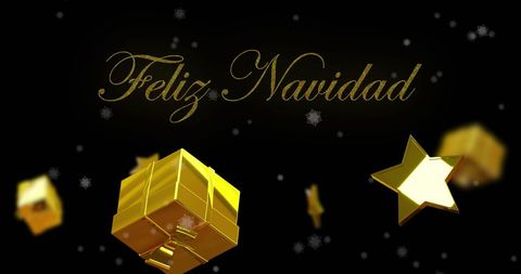 Feliz navidad text with golden decorations and snowflakes