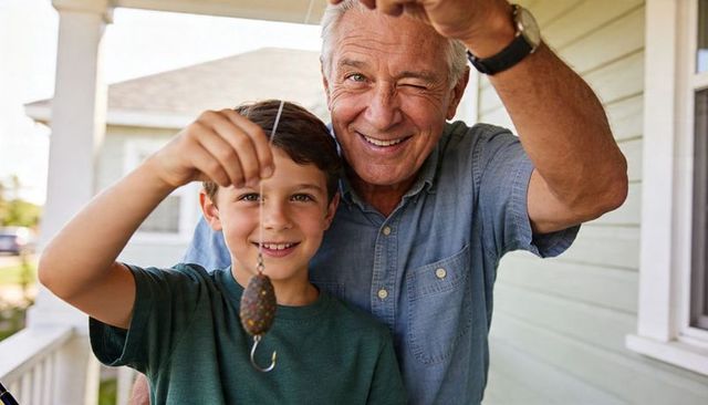 Grandfather teaching grandson fishing on porch holding lure and showing hook
