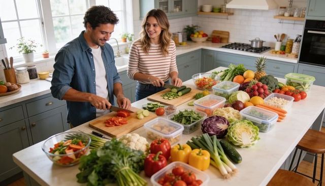 Couple chopping fresh vegetables on sunlit kitchen island preparing healthy meals together