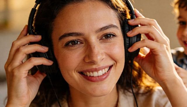 Smiling woman enjoying headphones while child peeks over shoulder at home