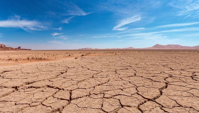 Cracked playa stretching across arid desert basin with dunes, mesas, cirrus sky