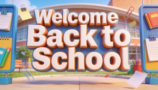 Welcoming 3d welcome back to school lettering standing in vibrant school plaza with supplies
