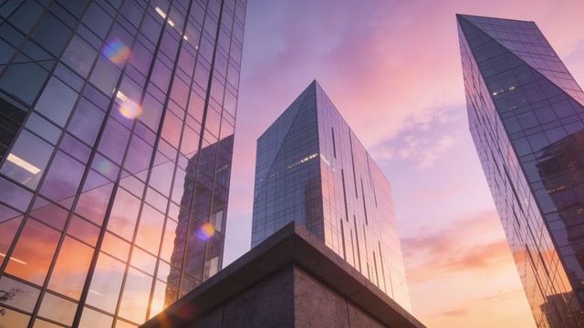 Glass skyscrapers reflecting pastel sunset with concrete podium plaza and lens flare