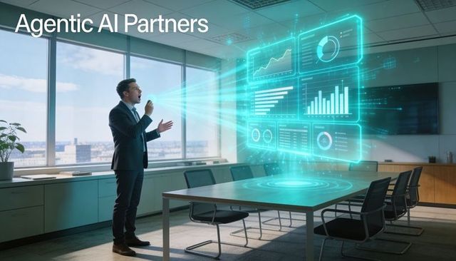 Executive Presenting Holographic AI Analytics Dashboard in Boardroom with City Skyline