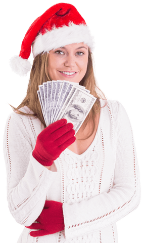 Smiling Woman in Santa Hat Holding Cash on Transparent Background