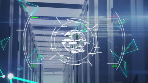 Data Center with Futuristic Digital Interface Overlay
