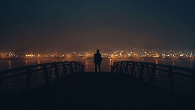 Silhouette on pier looming over tranquil city lights at night