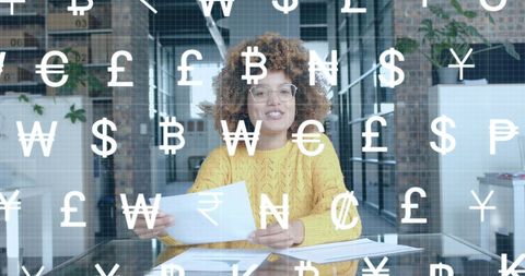 Businesswoman in Video Call with Scrolling Currency Symbols