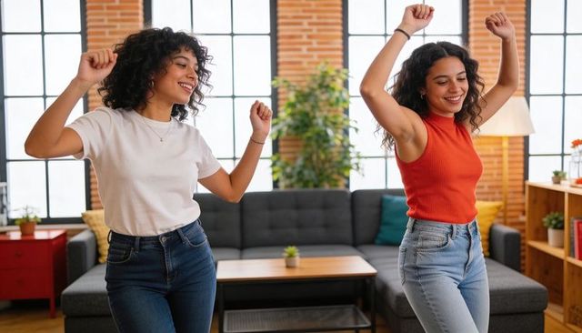 Dancing friends in bright loft living room celebrating joyful moment together