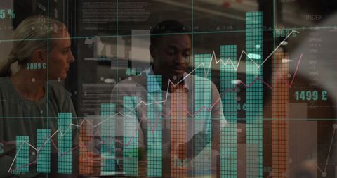 Colleagues Collaborating with Overlaid Data Analytics