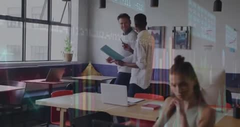 Business Colleagues Discussing Stock Market Data in Modern Office