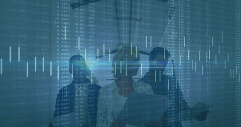Business team analyzing financial data overlay in blue office with candlestick charts