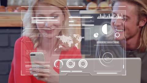 Couple Engaging with Smartphone and Futuristic Technology in Cafe