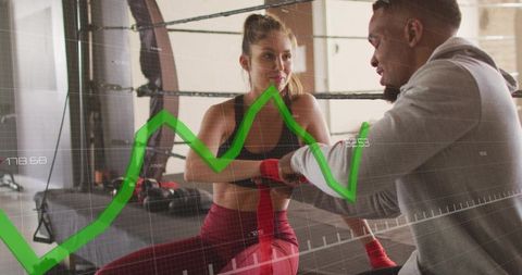 Trainer Wrapping Boxer Hands on Ring Ropes with Green Performance Graph Overlay, Gym Coaching Visual