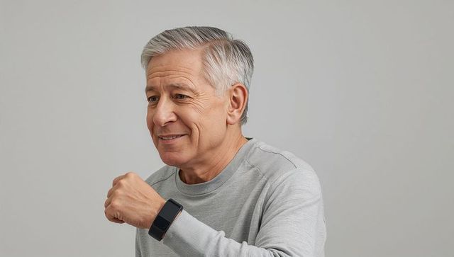 Senior man checking smartwatch while raising arm in gray sweater, wrist health tracking