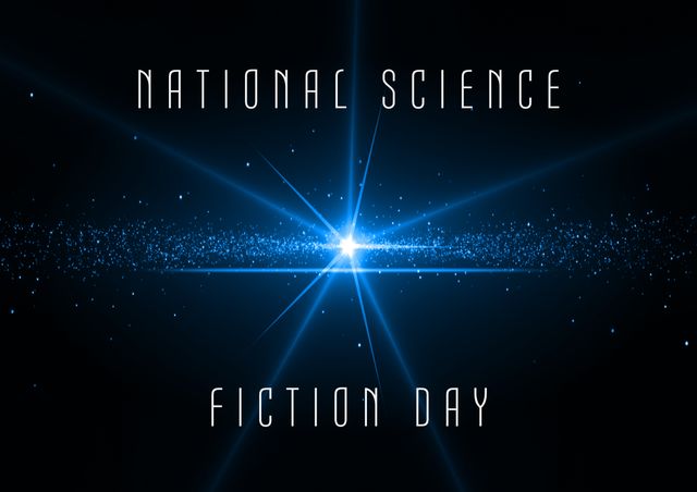 Digital composite of national science fiction day text over glowing star with lens flare in space. science and imagination.