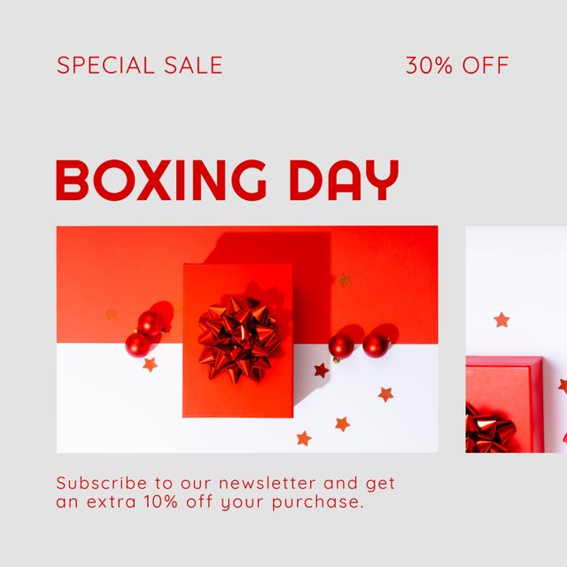 This vibrant image features a Boxing Day special sale announcement with red presents and festive decorations, ideal for use in holiday promotional materials, e-commerce sites, newsletter sign-up banners, social media posts, and seasonal advertisements.