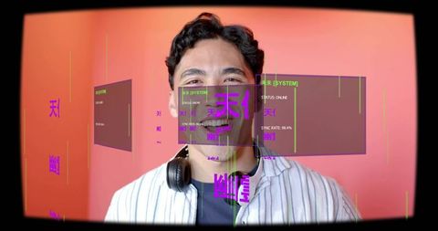 Smiling man wearing headphones with futuristic translucent ui overlays and glitch glyphs