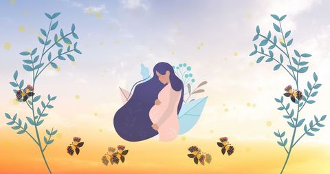 Pregnant Woman in Peaceful Nature Scene with Butterflies