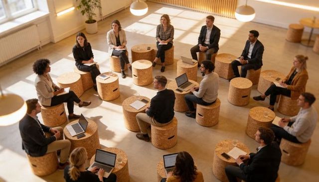 Team workshop in bright modern office using cork stools and laptops for brainstorming
