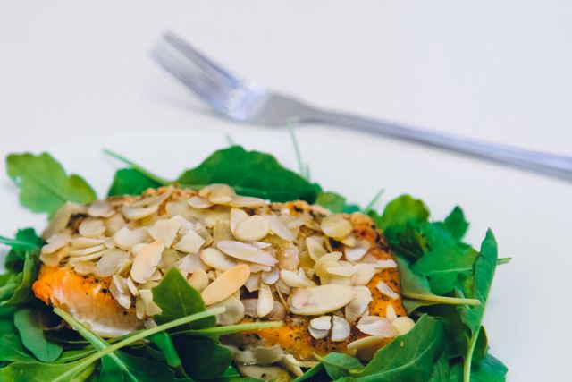 Grilled salmon filet rests on a bed of fresh leafy greens. The salmon is topped with almond flakes, adding a crunchy texture. This meal places focus on clean, healthy eating with a gourmet presentation, ideal for use in ads for diet plans, cooking blogs, or restaurant menus.