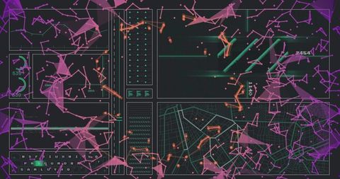 Futuristic Data Analytics Dashboard with Network Nodes and UI Panels