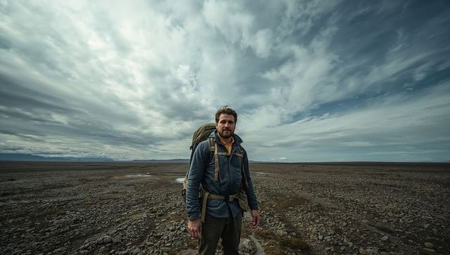 Solo backpacker standing on remote rocky tundra under dramatic overcast sky wilderness
