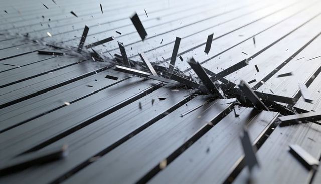 Shattering grooved metal panel ejecting long thin shards and metallic dust in motion