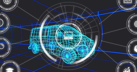 Displaying futuristic van wireframe HUD for autonomous vehicle telemetry and interface