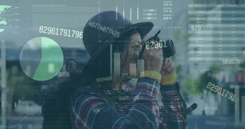 Asian Woman Taking Photos with Futuristic Digital Overlay