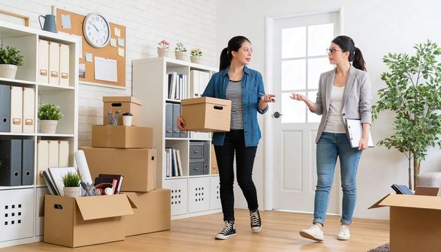 Office relocation teamwork organizing modern workspace with boxes, shelving, plants