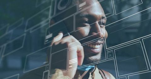 Smiling Professional Engaging in Futuristic Mobile Interaction