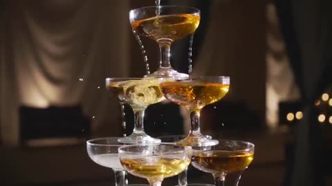Pouring Golden Champagne Cascading Over Multi-Tier Coupe Tower at Elegant Party