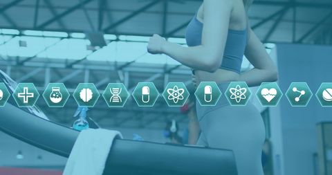 Woman Exercising on Treadmill with Medical Fitness Icons Overlay