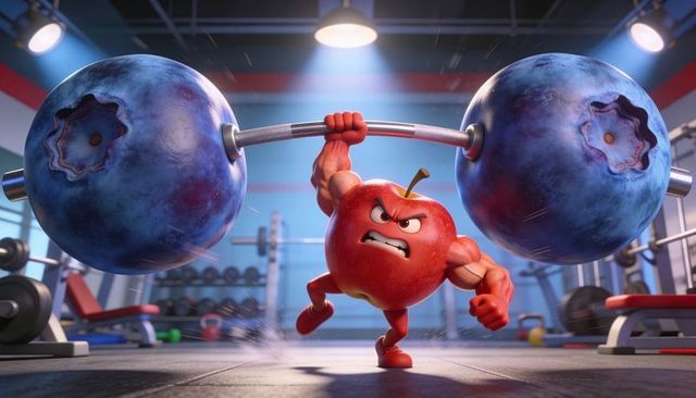 Muscular apple lifting oversized blueberry barbell showing strength and determination