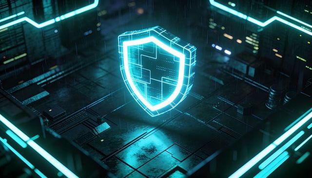 Holographic neon shield representing cybersecurity and data protection on circuit platform