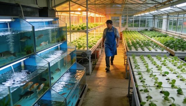 Worker inspecting aquaponic fish tanks and hydroponic grow beds in greenhouse