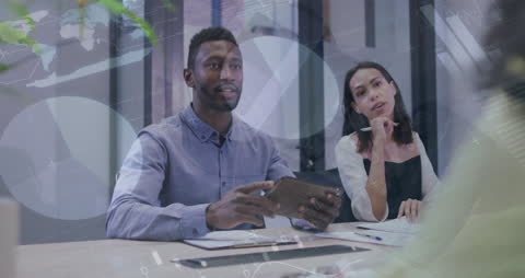 Business Team Negotiating Digital Future with Tablet Interface