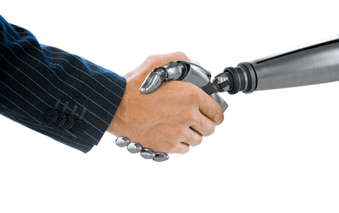 Transparent Businessman Shaking Hands with Robot Arm Tech