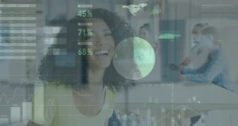 Smiling Businesswoman Concept with Financial Data Overlay