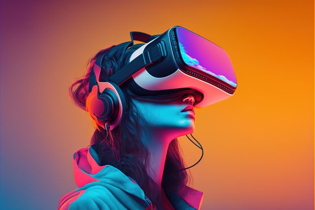 Young woman is exploring virtual reality technologies in a vibrant, futuristic setting with dramatic lighting. Perfect for use in tech blogs, articles on gaming, the future of digital interaction, or advertisements for VR products.