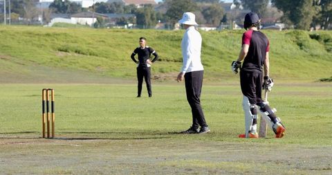 Amateur Cricket Match on Sunny Suburban Field, Exploring Athletic Competition